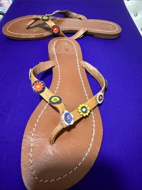Tory Burch Brown Leather Floral-Charms Thong Sandals